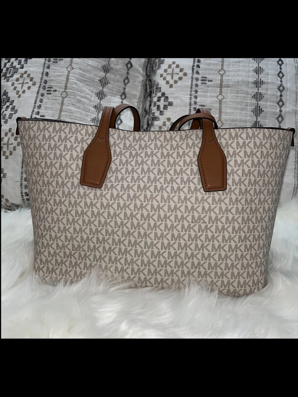 Michael Kors Beige MK Monogram Tote with Brown Trim and Straps
